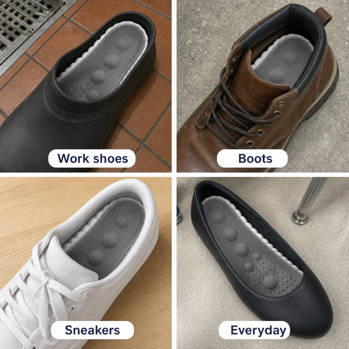 NimbleSole insoles in work shoes, boots, sneakers and everyday shoes
